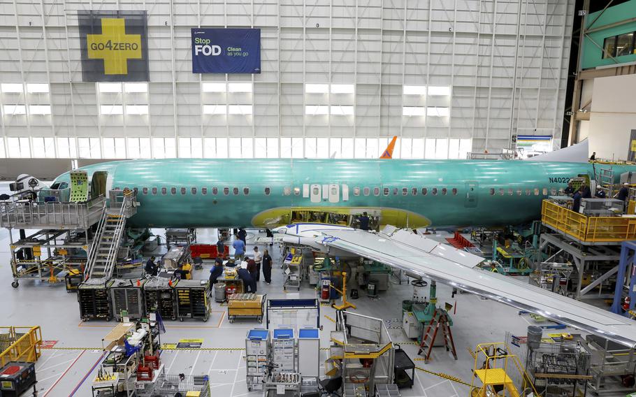 A Boeing 737 MAX aircraft is shown on the assembly line during a brief media tour at the Boeing facility in Renton, Wash., Tuesday, June 25, 2024. 