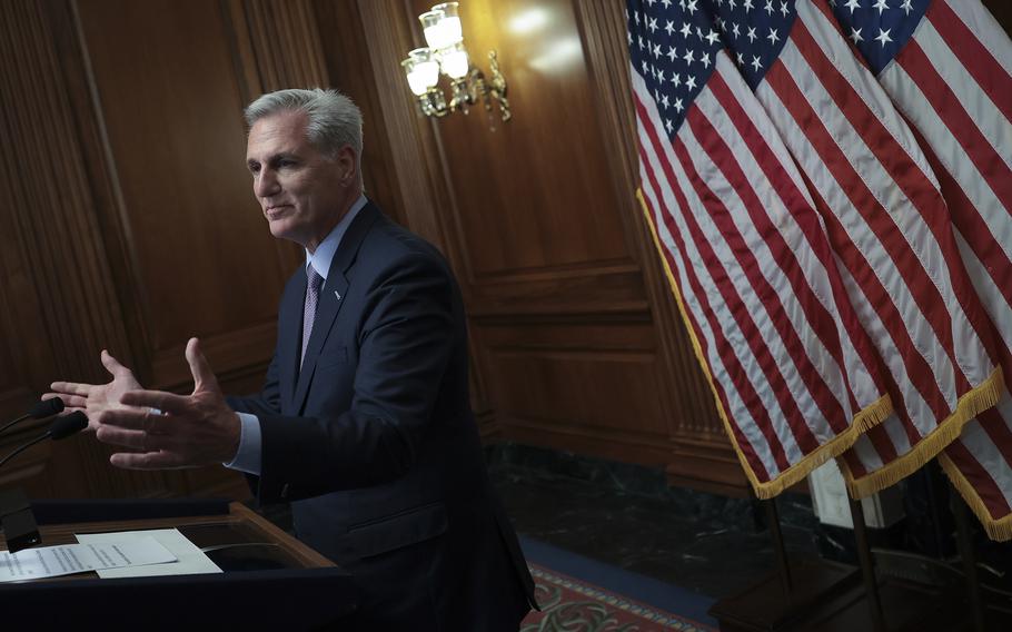 Rep. Kevin McCarthy (R-Calif.) answers questions at the Capitol after being ousted as House speaker Oct. 3, 2023, in Washington, D.C. 