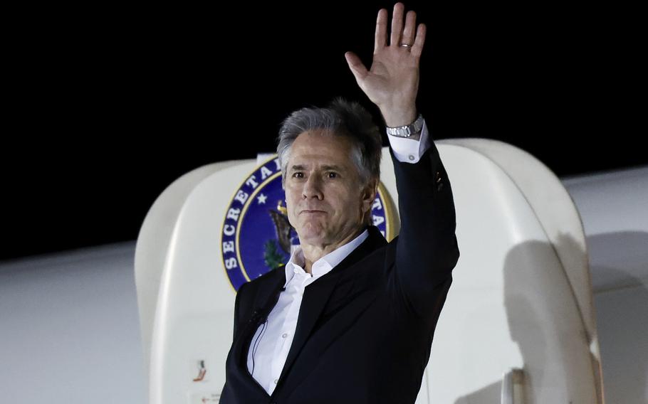 U.S. Secretary of State Antony Blinken boards a plane on his week-long trip aimed at calming tensions across the Middle East, in Crete, Greece, Jan. 6, 2024. 