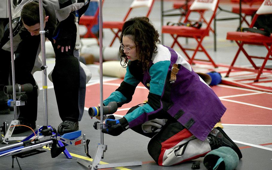 Wiesbaden's Meagan Jones adjusts her sight during a markmanship competition on Jan. 6, 2024, at Kaiserslautern High School in Kaiserslautern, Germany.