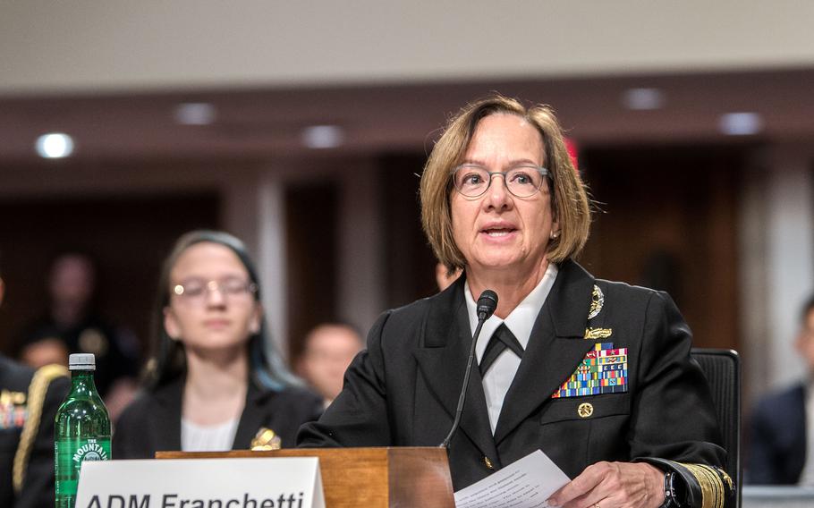 Adm. Lisa Franchetti, chief of naval operations, testifies at a Senate Armed Services Committee hearing in September 2023.