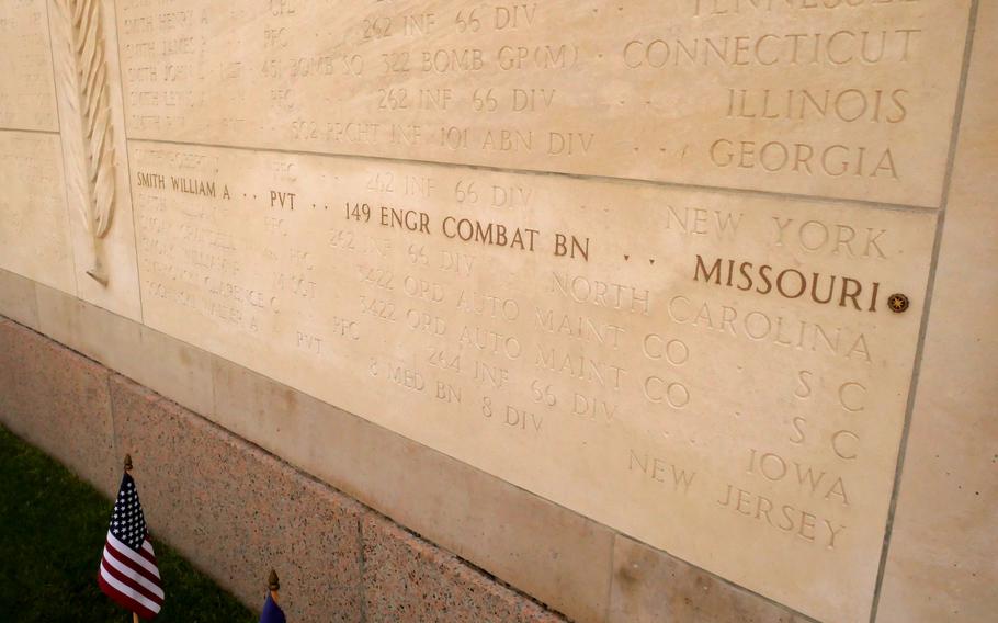 A rosette in the Wall of the Missing at Normandy American Cemetery for Pvt. William A. Smith. His remains were accounted for in August 2023 by the Defense POW/MIA Accounting Agency.