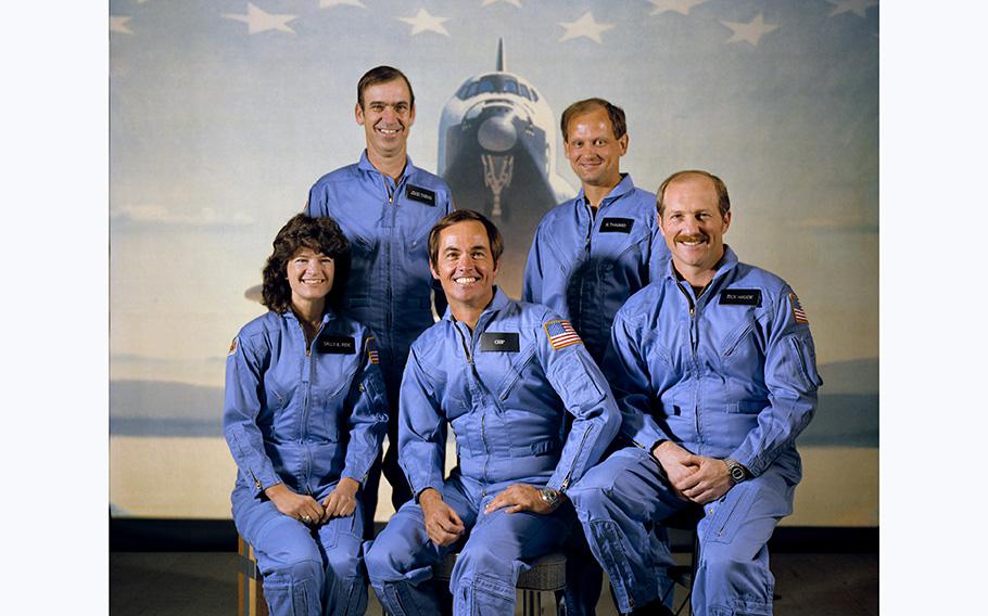 Astronauts at bottom from left to right: Sally K. Ride, Mission Specialist; Robert L. Crippen, Crew Commander; and, Frederick H. Hauch, Pilot. Standing from left to right:  Mission Dpecialists John M. Fabian and Norman E. Thagard.