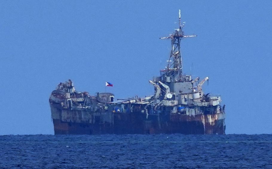 A dilapidated but still active Philippine Navy ship BRP Sierra Madre sits at the Second Thomas Shoal, locally known as Ayungin Shoal, at the disputed South China Sea on Aug. 22, 2023. 