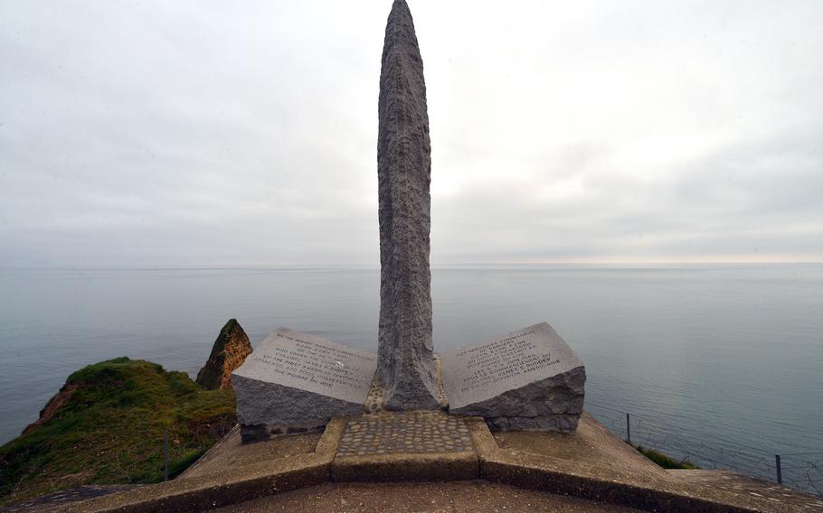 The Ranger Memorial at Pointe du Hoc. Lt. Col. James Rudder and his men of the 2nd Ranger Battalion fought their way up steep cliffs to this point to capture a German gun position that threatened both the Utah and Omaha D-Day landing beaches. They captured the position only to find that some of the guns had been moved and tree trunks were used as props. The guns were soon found, however, and destroyed.