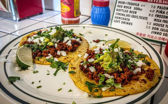 Chorizo tacos from Crispy Pork Town, a taqueria in Seoul, South Korea.