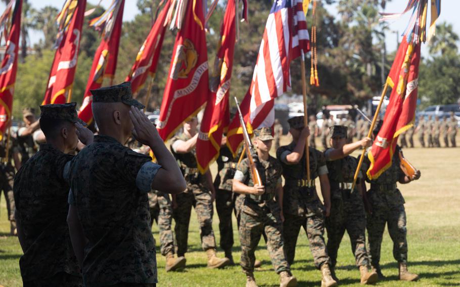 U.S. Marine Corps Maj. Gen. Benjamin T. Watson, left, and Maj. Gen. Robert C. Fulford, the outgoing and incoming commanding generals of 1st Marine Division, salute during a pass in review as part of the division’s change of command ceremony at Marine Corps Base Camp Pendleton, Calif., July 2, 2024. 