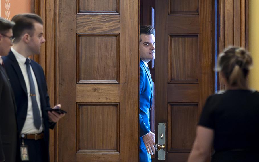 former Rep. Matt Gaetz, R-Fla., closes a door to a private meeting with Vice President-elect JD Vance and Republican Senate Judiciary Committee members, at the Capitol in Washington, Wednesday, Nov. 20, 2024. 