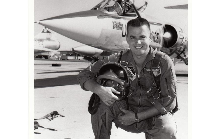 Test pilot Bud Anderson at Edwards Air Force Base, Calif., with an F-104.