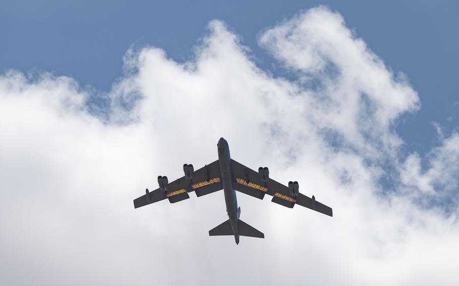 A B-52 Stratofortress assigned to the 23rd Bomb Squadron at Minot Air Force Base, N.D., flies over Dyess Air Force Base, Texas, July 15, 2024. Several B-52s and airmen from Minot AFB came to Dyess AFB to participate in an Agile Combat Employment exercise, dubbed Agile Warbird. 