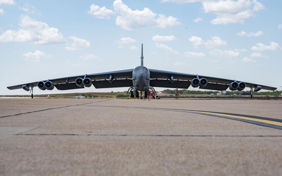 A B-52 Stratofortress assigned to the 23rd Bomb Squadron at Minot Air Force Base, N.D., sits on the apron at Dyess Air Force Base, Texas, July 15, 2024. 