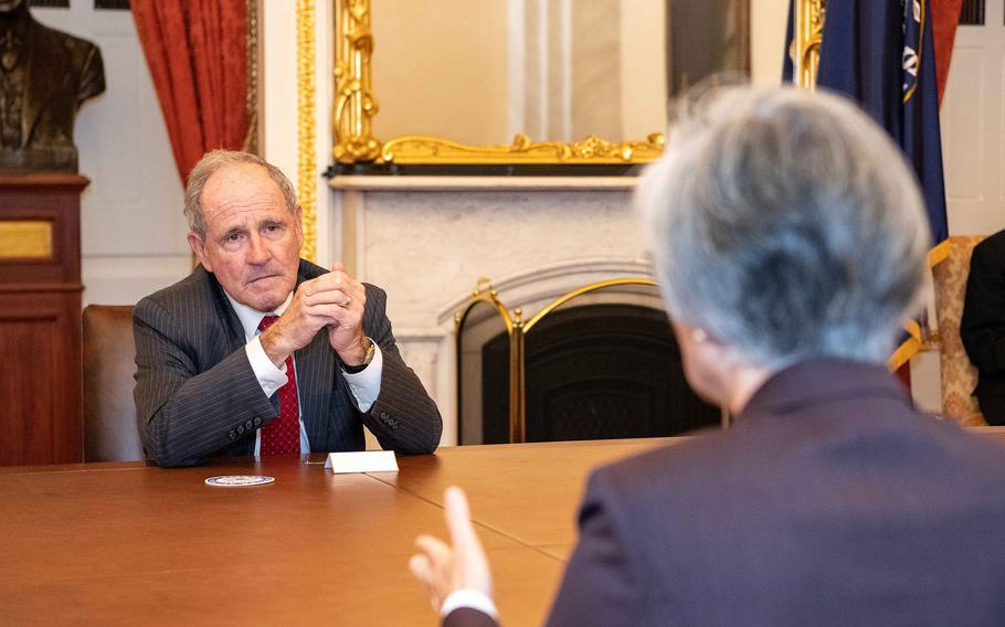 Sen. James E. Risch meets with then-Foreign Minister Kang Kyung-wha of South Korea on Nov. 10, 2020. Risch, the top Republican on the Foreign Relations Committee, is halting a $735 million U.S. arms sale to Hungary as punishment for the country’s refusal to approve NATO membership for Sweden, a rare move aimed at pressuring Budapest into greenlighting the military alliance’s expansion ahead of a major summit next month.