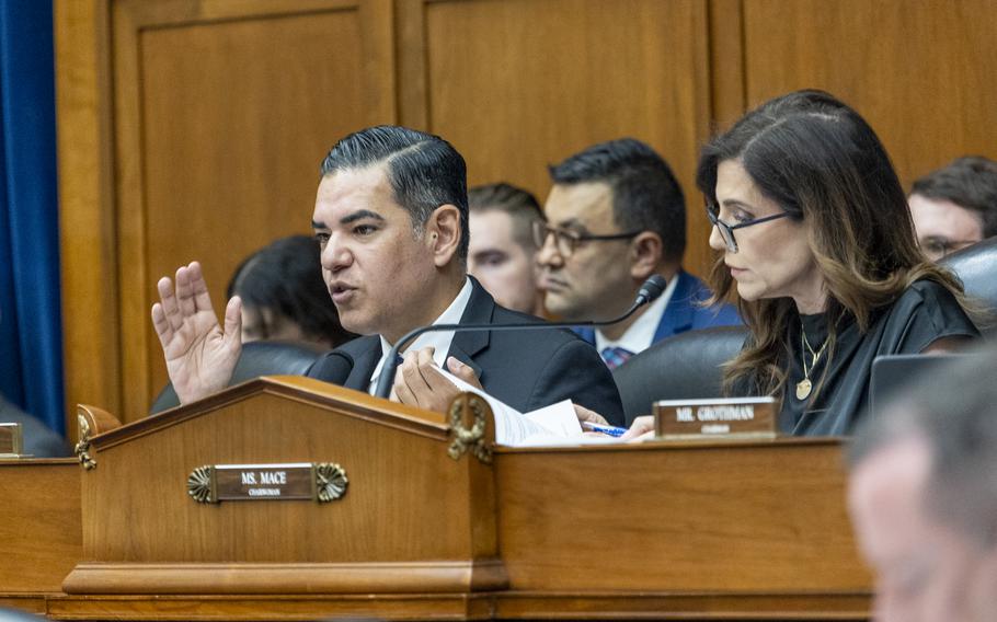 Rep. Robert Garcia sits next to Rep. Nancy Mace at a hearing about UFOs.