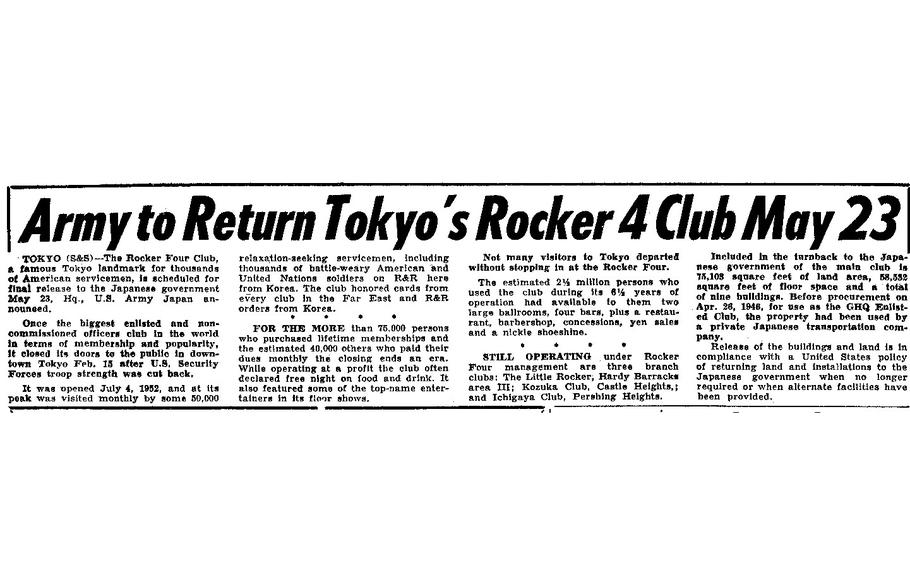 Article from Pacific Stars and Stripes, May 15, 1958, noting the return of the building housing the famous R&R spot to the Japanese government. It would be demolished several months later. 