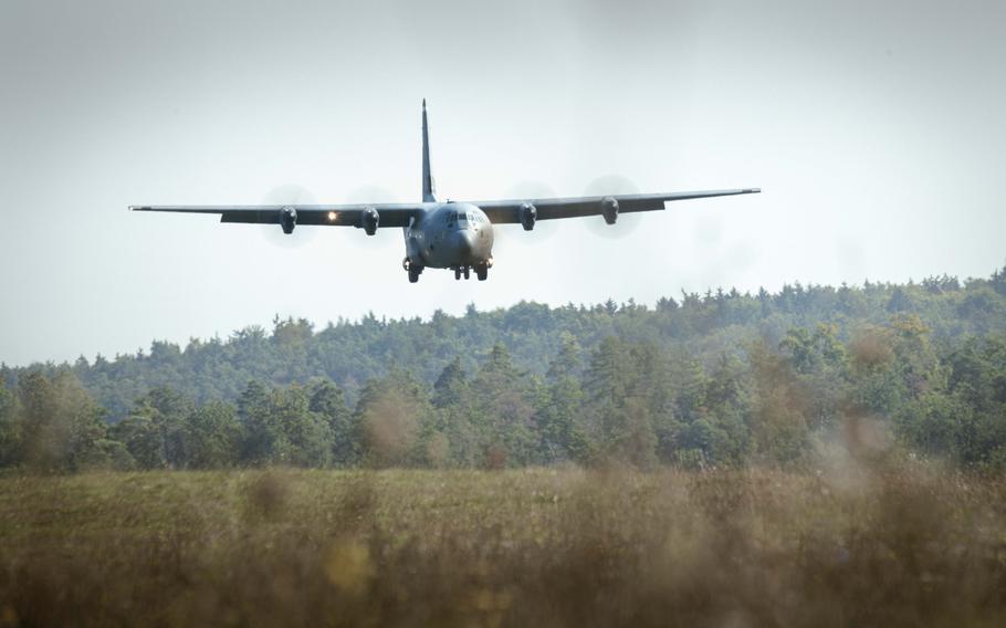 An Air Force C-130 closes in on a newly reconstructed airstrip Sept. 5, 2024, at the Joint Multinational Readiness Center in Germany to drop off weapons and equipment for soldiers participating in exercise Saber Junction.