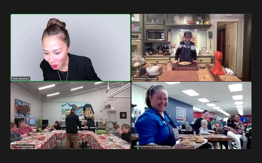 A screenshot of a virtual USO Military Programming with chef and baker Nancy Silverton baking cookies with service members and families