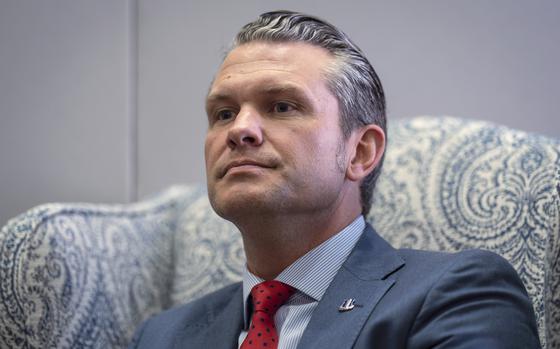 FILE - Pete Hegseth, President-elect Donald Trump's nominee to be defense secretary, responds to reporters during a meeting at the Capitol in Washington, Dec. 5, 2024. (AP Photo/J. Scott Applewhite, File)