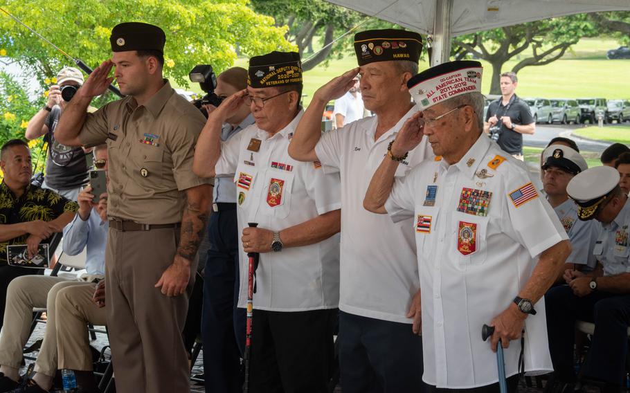 Active and retired service members lay wreaths in honor of the missing during the National POW/MIA Recognition Day ceremony at the National Memorial Cemetery of the Pacific in Honolulu on Sept. 20, 2024.