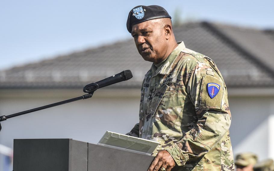 Gen. Darryl Williams, U.S. Army Europe and Africa commander, speaks during the change of command ceremony for 56th Artillery Command June 13, 2024, in Wiesbaden, Germany.