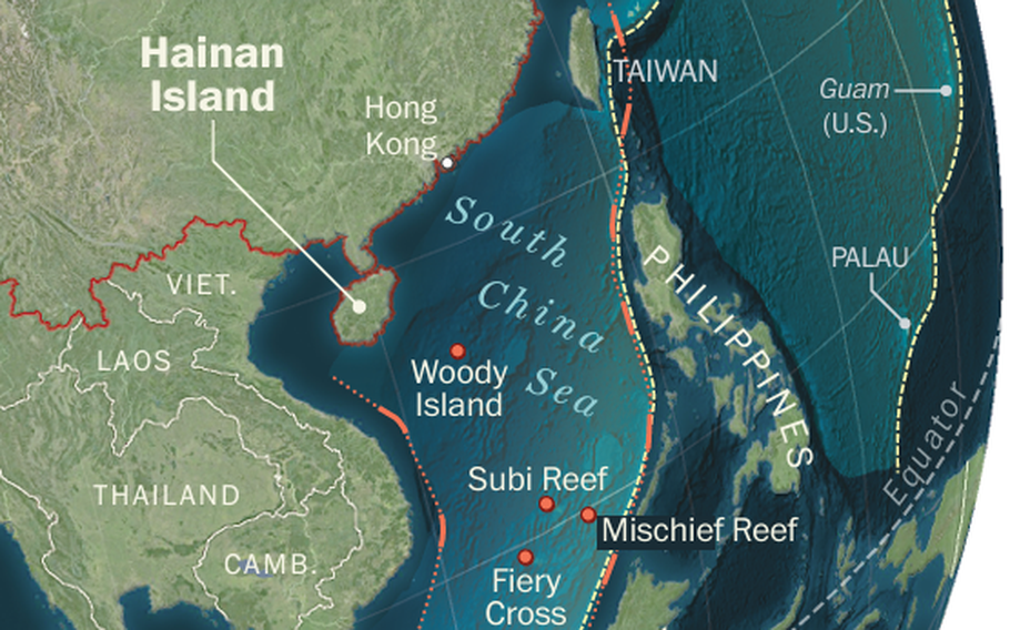 The South China Sea region shown on a map, with Hainan Island specifically highlighted.