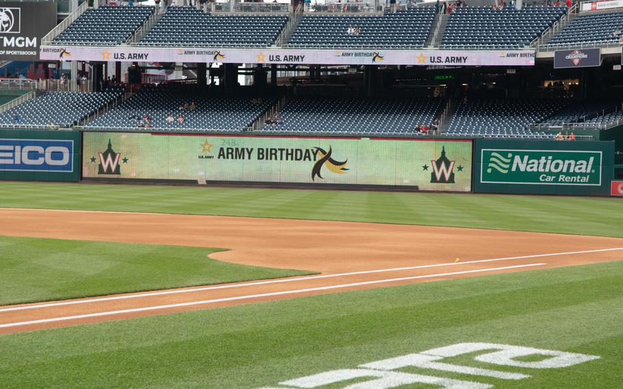 The Washington Nationals pay tribute to soldiers past and present on U.S. Army Day at Nationals Park in Washington, D.C., on Friday, June 16, 2023. The Army celebrated its 248th birthday on June 14, 2023.