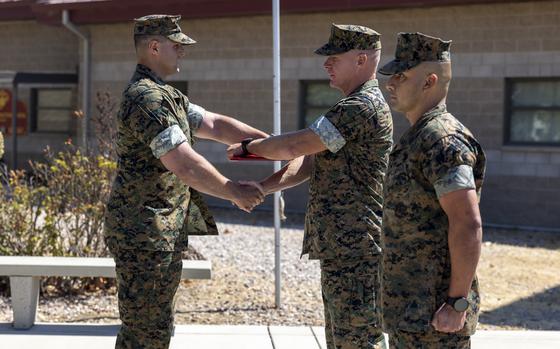 U.S. Marine Corps Staff Sgt. Brett D. Meil is awarded the Navy and Marine Corps Medal on Marine Corps Base Camp Pendleton, California, September 24, 2024. Meil, a native of Texas, received this award due to his exceptional bravery and composure during a training incident with a live fragmentation grenade. (U.S. Marine Corps photo by Cpl. Adeola Adetimehin)