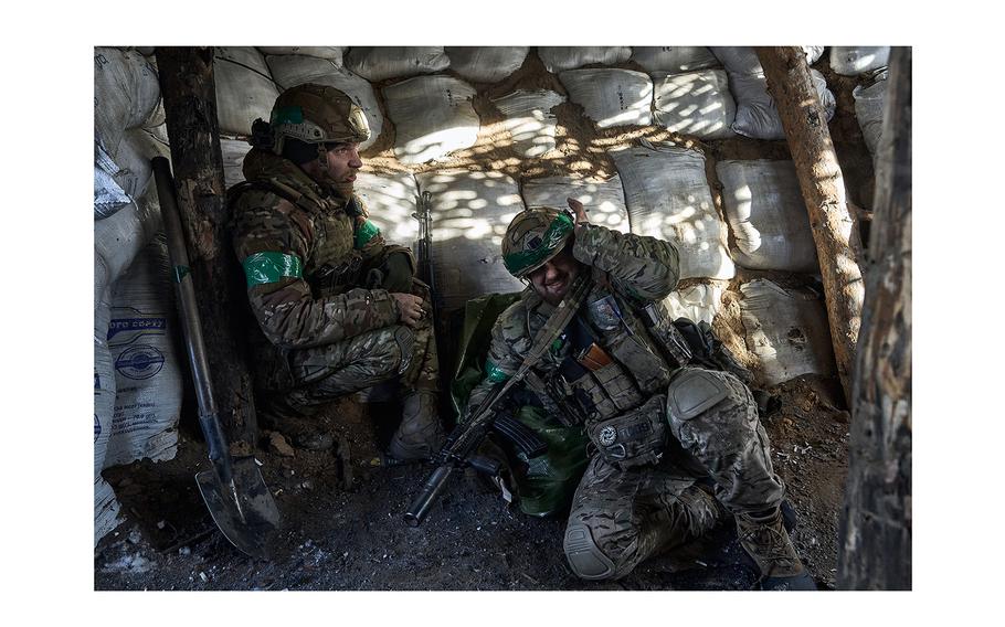 Soldiers of the Ukrainian National Guard hold their positions in the snow-covered Serebryan Forest on Jan. 12, 2024, in Kreminna, Donetsk Oblast, Ukraine.