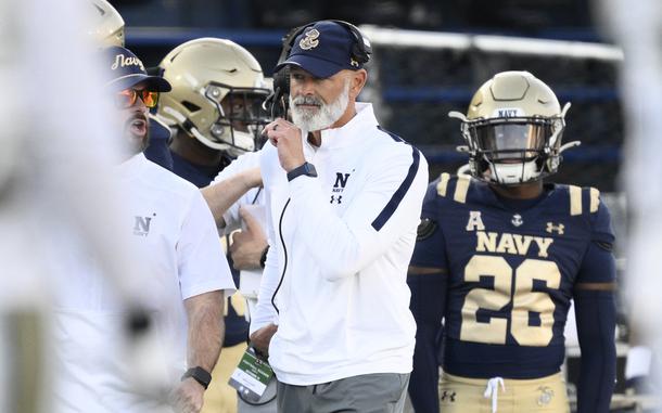 Navy head coach Brian Newberry in action during the first half of an NCAA college football game against Charlotte, Saturday, Oct. 19, 2024, in Annapolis, Md. (AP Photo/Nick Wass)