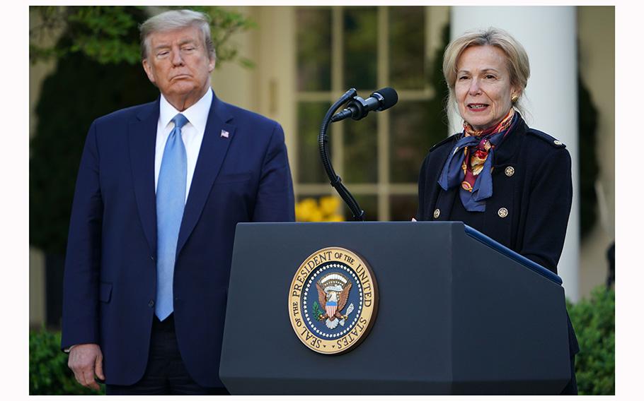 Response coordinator for White House Coronavirus Task Force Deborah Birx, right, speaks as then-President Donald Trump listens during a briefing on COVID-19, at the Rose Garden of the White House on April 15, 2020, in Washington, D.C. 