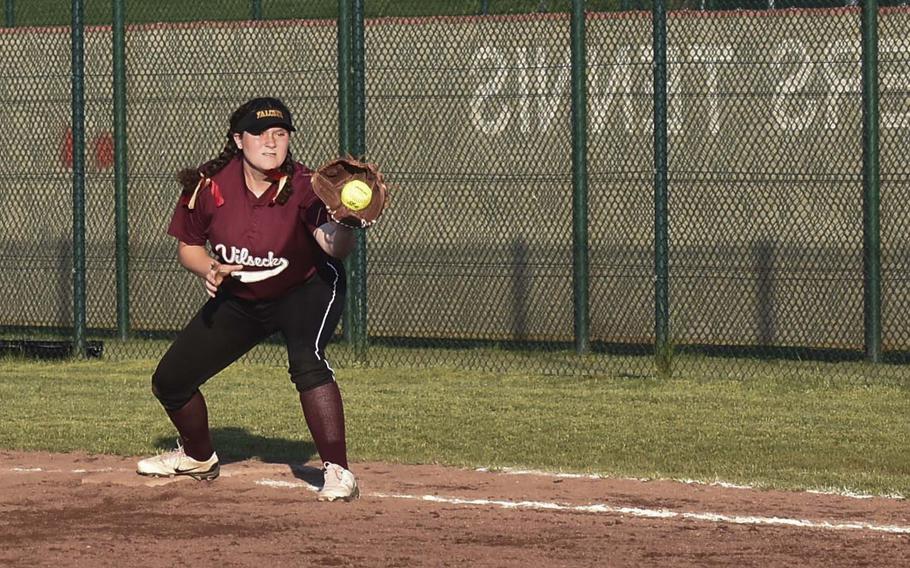 Vilseck freshman Katelynn McMillan positions herself for a catch at first base during a game against Stuttgart on day one of the European championships May 22, 2024, in Kaiserslautern, Germany.