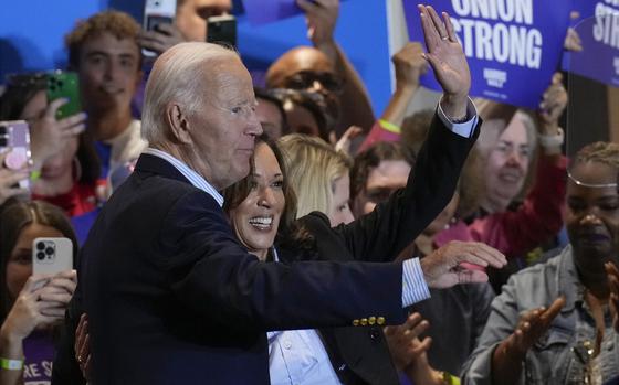 Democratic presidential nominee Vice President Kamala Harris campaigns with President Joe Biden at the IBEW Local Union #5 union hall in Pittsburgh, on Labor Day, Monday, Sept. 2, 2024. (AP Photo/Jacquelyn Martin)