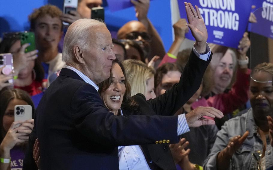 Democratic presidential nominee Vice President Kamala Harris campaigns with President Joe Biden at the IBEW Local Union #5 union hall in Pittsburgh, on Labor Day.