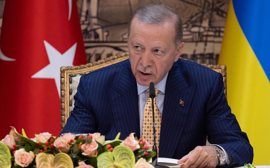 President of Turkey, Recep Tayyip Erdogan speaks to the media during a joint press conference with President of Ukraine, Volodymyr Zelenskyy on March 8, 2024, in Istanbul, Turkey.