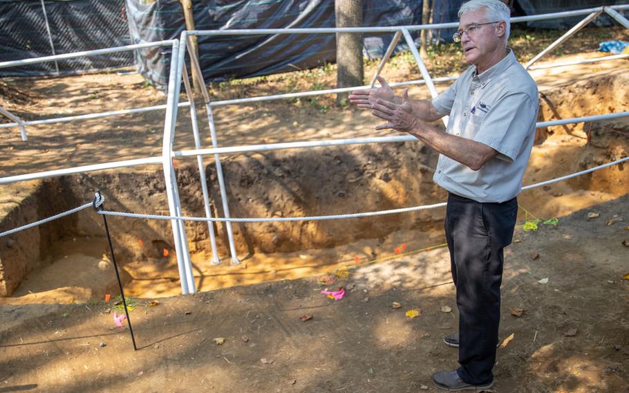 Wade Catts, president and principal archaeologist for South River Heritage Consulting of Delaware, speaking at the scene of the discovery just outside Red Bank Battlefield Park in New Jersey on Aug. 2, 2022