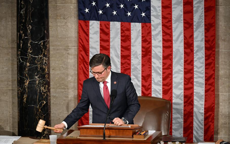 Speaker Mike Johnson (R-La.) wields the gavel in the House chamber on Oct. 25, 2023. 