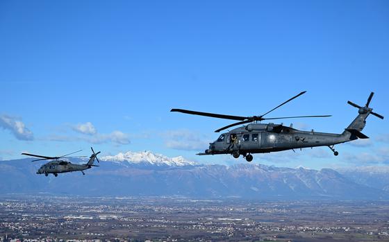 U.S. Air Force HH-60G Pave Hawks fly near Aviano Air Base, Italy, in December 2023. The 57th Rescue Squadron and a  group of base volunteers have joined the search for Staff Sgt. Joseph Charles Miele, who has been missing since July 23, 2024.
