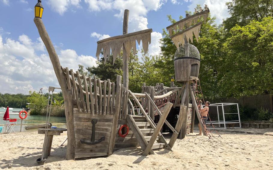The ship playground in the Pinta Beach family area at the Raunheimer Waldsee in Germany. Pinta Beach, which is named after one of Christopher Columbus' ships, offers a variety of family-friendly activities.