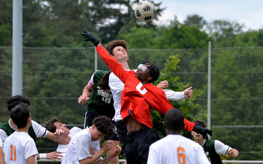 Spangdahlem goalie Isaiah Riley knocks the ball away from friend and foe in the Sentinels’ 4-0 loss to AFNORTH in a Division III semifinal at the DODEA-Europe soccer finals in Landstuhl, Germany, May 22, 2024.