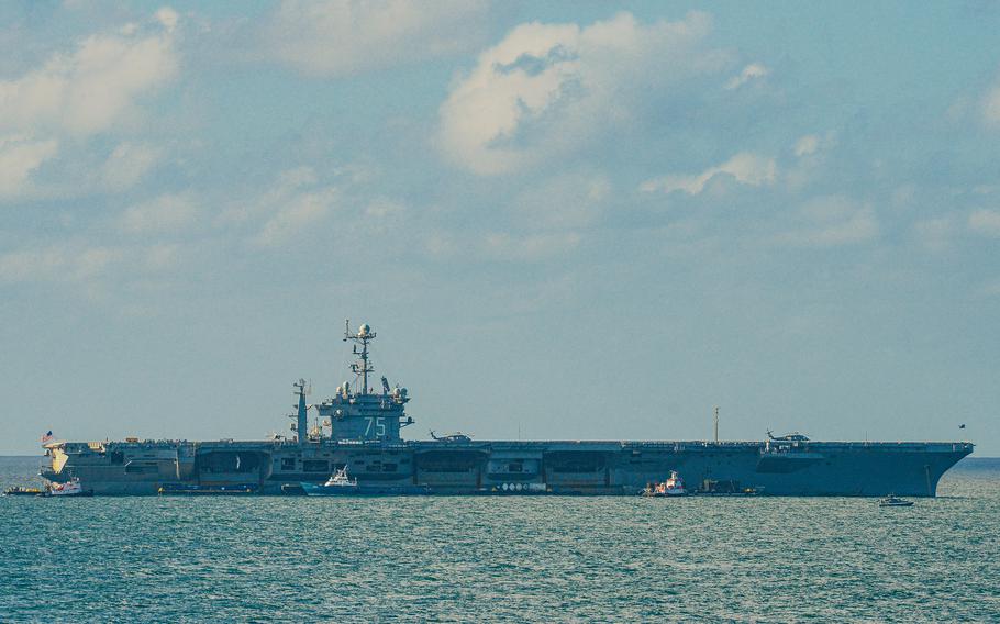 The USS Harry S. Truman, a nuclear-power aircraft carrier, is pictured off the coast of Miami on Sunday, May 5, 2024. The ship was visiting Miami’s Fleet Week during its ongoing train up to prepare it to deploy to the Red Sea later this year. 