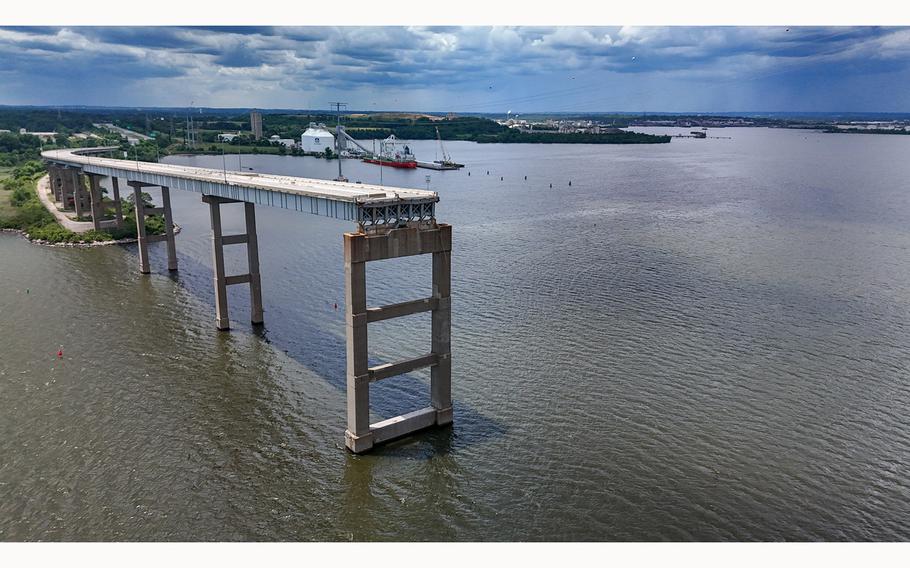 The ramp to the Francis Scott Key Bridge is seen on the southwest side of the Patapsco River two months after the catastrophic bridge collapse. 