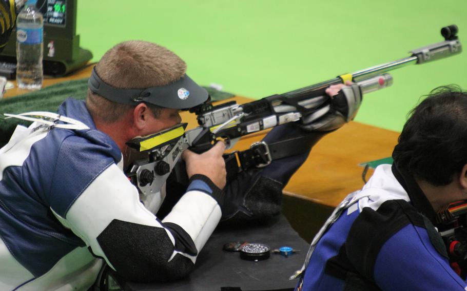 Staff Sgt. John Joss shooting at a  World Shooting Para Sport event at Chateauroux, France, on Sept. 9, 2018.
