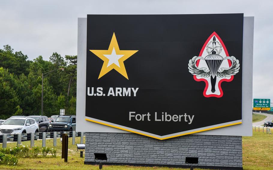 A brown sign reads U.S. Army and Fort Liberty. 