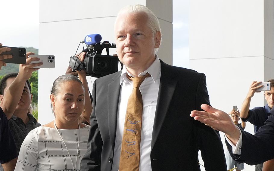Julian Assange arrives at the U.S. courthouse in Saipan, Mariana Islands, on June 26 2024.