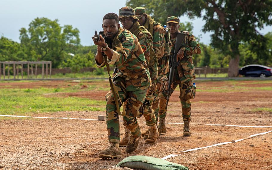 Soldiers from Ghana participate in room clearing training led by U.S. soldiers from the Maryland National Guard in Damongo, Ghana, May 16, 2024. Ghana is among the countries the U.S. is looking at working with more closely in light of recent coups and mounting terror threats in West Africa.