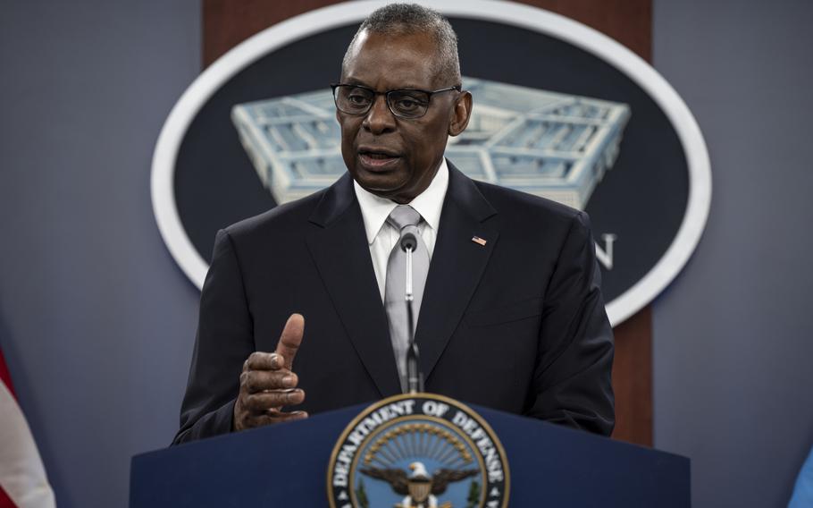 Defense Secretary Lloyd Austin conducts a news briefing at the Pentagon on Feb. 1, 2024. 