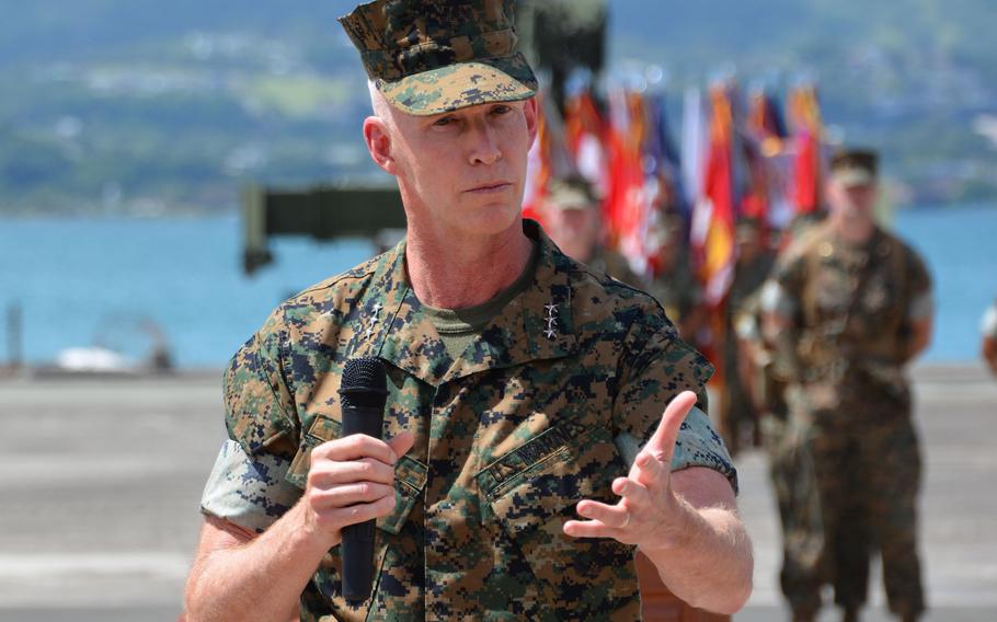 Lt. Gen. James Glynn speaks during a ceremony at Marine Corps Base Hawaii, Thursday, Sept. 12, 2024, during which he assumed command of Marine Corps Forces Pacific.