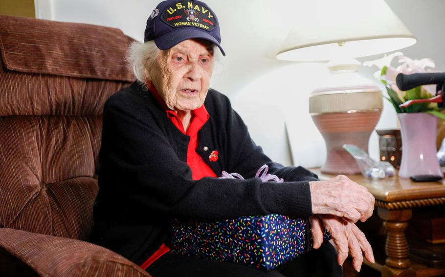 Navy veteran Elsie Kitty Rippin speaks about her service during World War II after being presented with a cake and present for her 101st birthday at her home, Monday, Feb. 3, 2025, in Haltom City. Sailors from the USS Fort Worth and staff from Meals On Wheels of Tarrant County surprised her with the cake and gift.