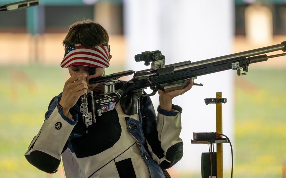 Army Sgt. Sagen Maddalena of the United States competes in the 50m rifle 3 positions women’s qualification round at the 2024 Summer Olympics, Thursday, Aug. 1, 2024, in Chateauroux, France. 