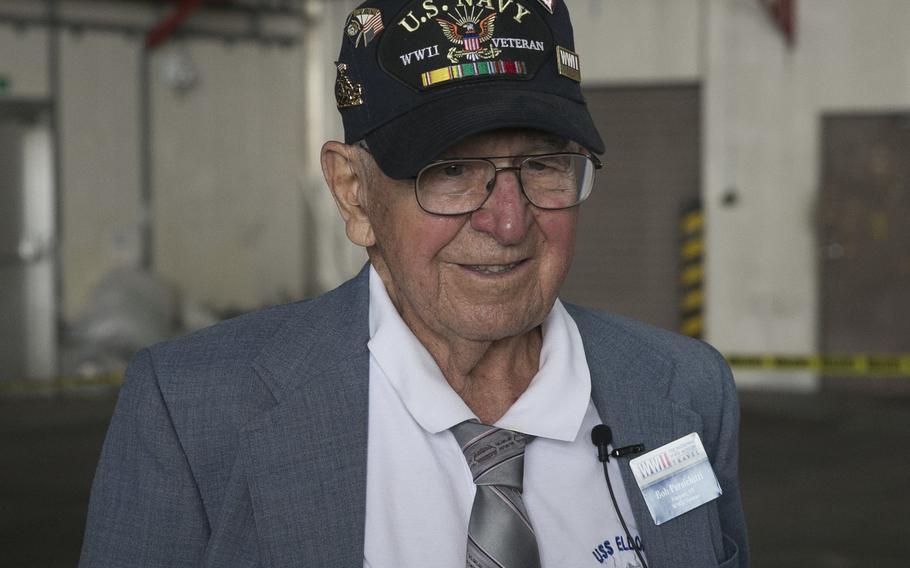 Navy veteran Robert Persichitti at the 74th Reunion of Honor ceremony on Iwo To, Japan, on March 23, 2019. The ceremony is held annually to commemorate the heroism and sacrifices made by service members during the Battle of Iwo Jima and World War II. Persichitti died Friday, May 31, 2024, on his way to the D-Day commemoration in Normandy, France.