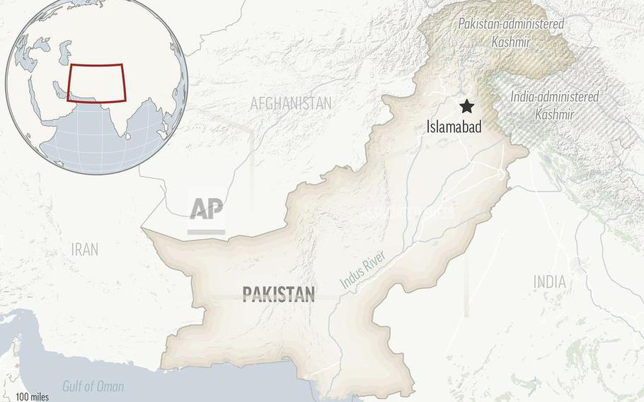 This is a locator map for Pakistan with its capital, Islamabad, and the Kashmir region.